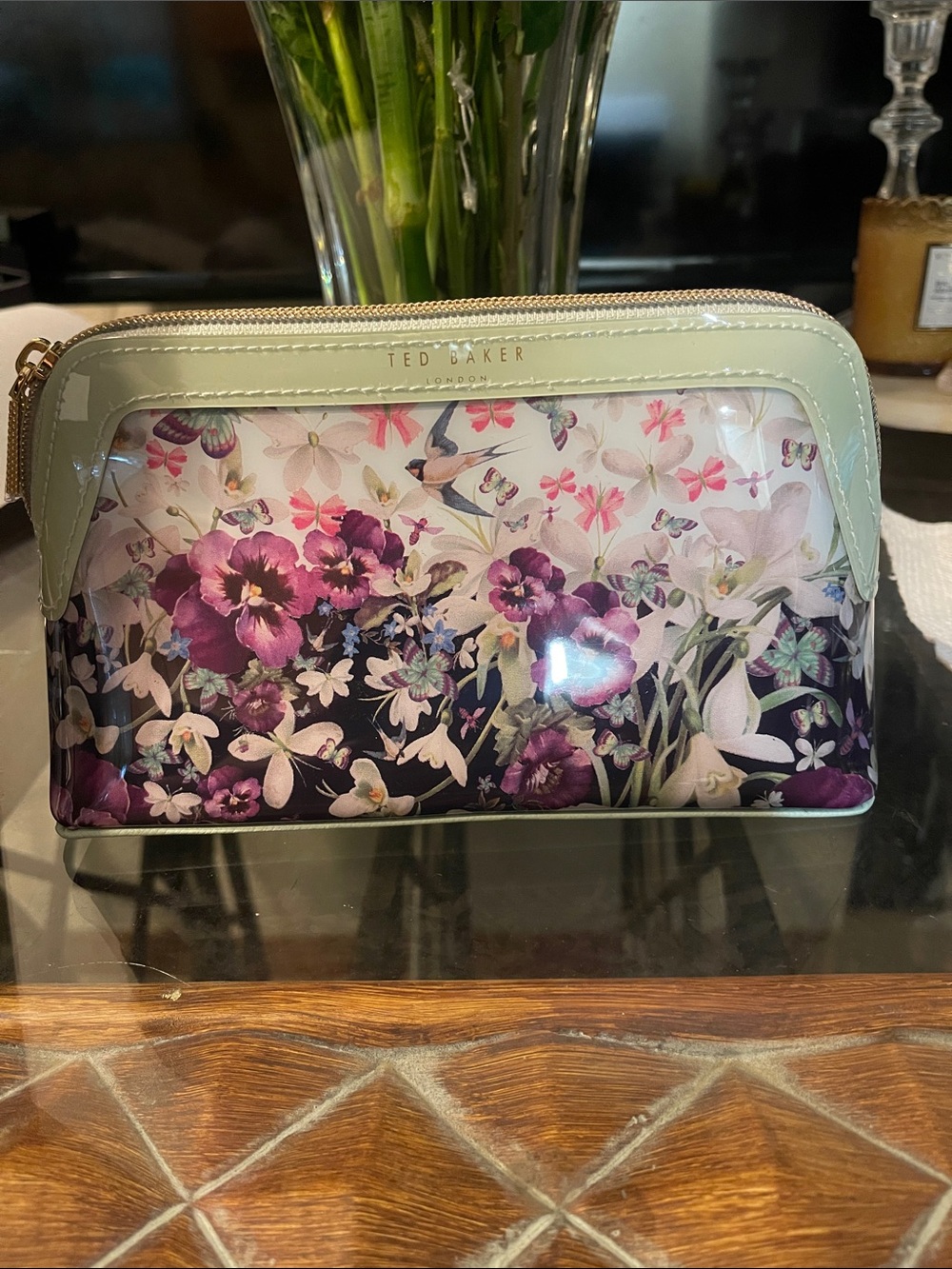 Ted Baker Sage Trim Floral Patent Cosmetic Pouch with Purple Flower Motif